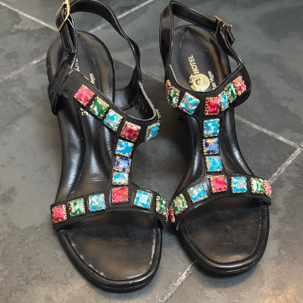 Vintage Black T Strap Heels with Colorful Gem Details